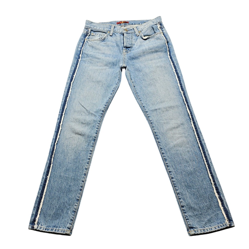 7 For All Mankind Frayed Side Stripe Straight Leg Jeans Womens 24 Light Blue